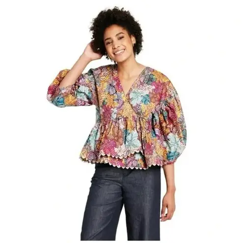 Kika Vargas Anemone Floral Scallop Edge Wrap Top in Multicolor Size S Yellow