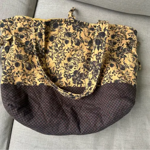 Vintage Handmade mixed media cottagecore quilted tote button closure pockets Yellow