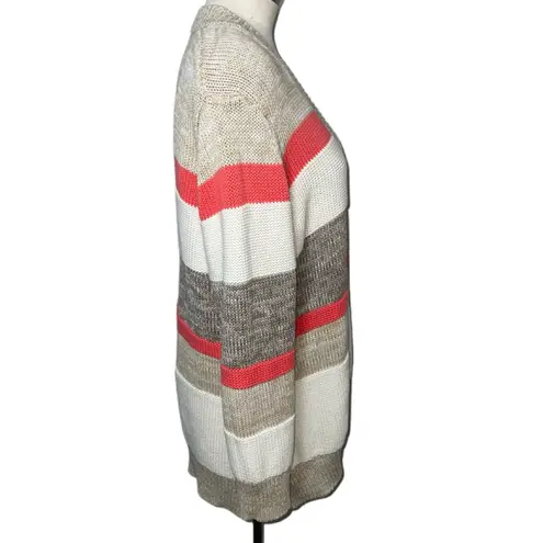 Women's Oversized Striped Open Front Cardigan Sweater Neutral Coral Cozy Knit Size L
