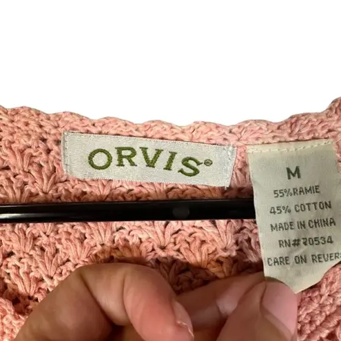 Orvis Pink Short Sleeve Textured Knit Button Down Sweater Blouse Women Sz M