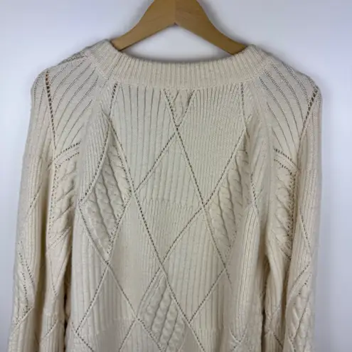 &merci &merci Diamond Mixed Knit Sweater Sz S Cream Pullover Fisherman Coastal Casual