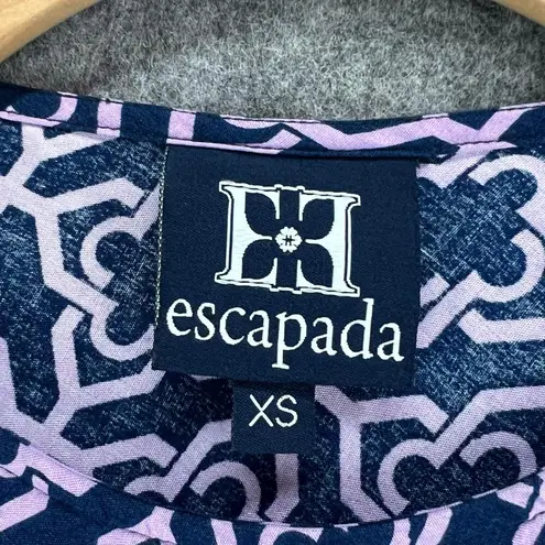 Escapada Shift Dress Womens XS Blue Purple Geometric Ruffle 3/4 Timeless Resort