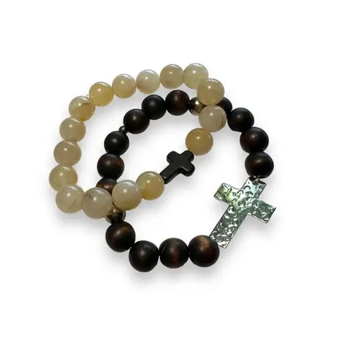 Unisex Set of 2 Beaded Cross Religious Christian Stretch Bracelets