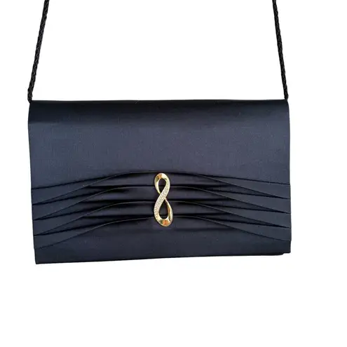 Vintage 60s Black Satin Pleated Purse Clutch Gold Tone Rhinestone Infinity Clasp