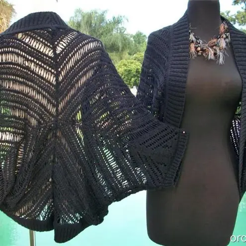 Cache  Black Open Knit Jacket Top Shrug Banded Bottom Trim New Stretch $108 NWT