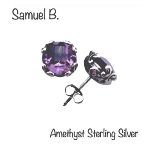 Amethyst SAMUEL B Faceted Round Cut Sterling Silver 925 Stud Earrings