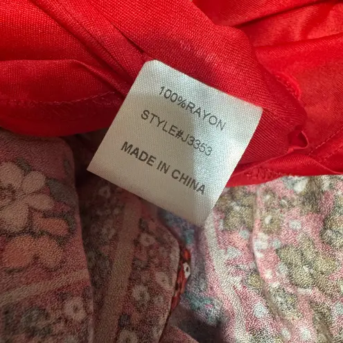 JODIFL Red Floral Maxi Dress Lace up V-Neck sz L boho hippie Long side slits