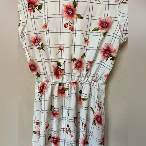 Sweet Rain Women’s White Pink Floral Checker Print Short Sleeve Mini Dress Small