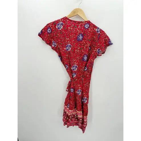 R. Vivimos Women Red Floral Wrap Front Mini Dress Short Sleeve Boho Size M NWT Size M