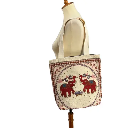 Thai Elephant Print Shoulder Bag Canvas Zip Close Tote Boho Global Artisan White