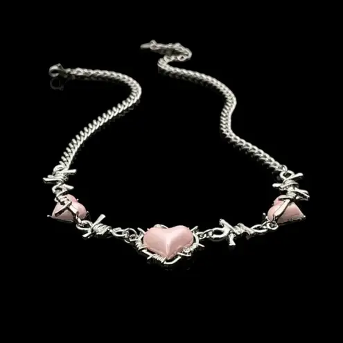 Creative Pink Love Heart Silver Plated Chain Necklace Punk Y2K Style‎ Neck