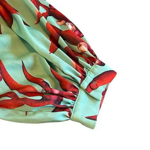 PatBo Mint Green Wrap Dress Puff Sleeves Cranberry Leaf Print Size 8 Women's