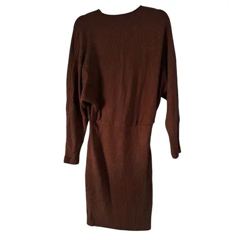 NWT OGL Chestnut Brown Ribbed Surplice Batwing Long Sleeve Knit Dress Size Large