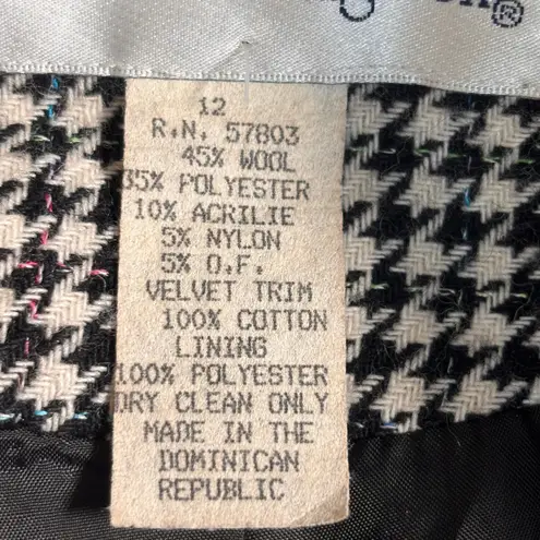 Vintage 90s Black White Houndstooth Blazer Jacket Velvet Collar Wool Blend 12
