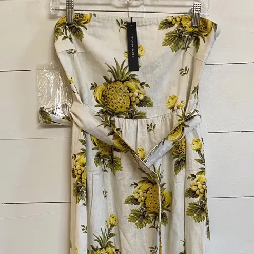 Tahari Pineapple Linen Blend Pineapple Strapless Midi Dress 8 NWT