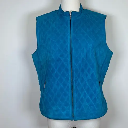 Revue Quilted Blue Suede Vest Pockets Front Zipper 100% Leather Women’s Size 10
