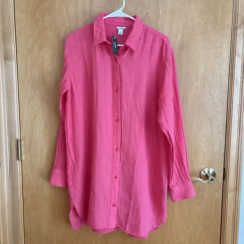 NWT LL Bean Womens Cloud Gauze Cover Up Midi Shirt Dress Pink Size Medium