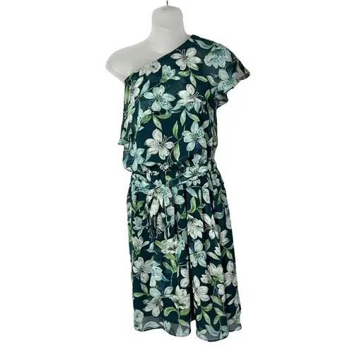 Eliza J Blue & Green Floral Ruffle One Shoulder Fit & Flare Mini Dress 14