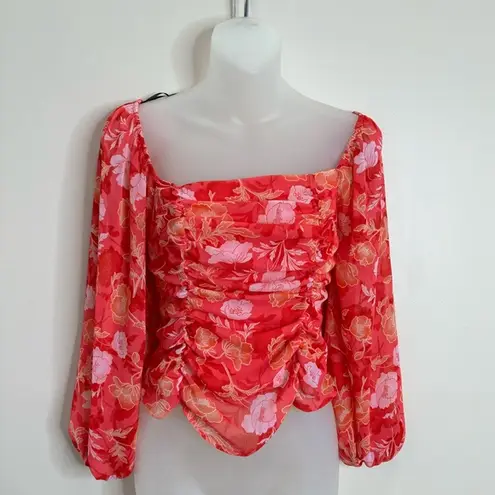 Pleione  Nordstrom Floral Long Sleeve ruched blouse size small Pink Boho