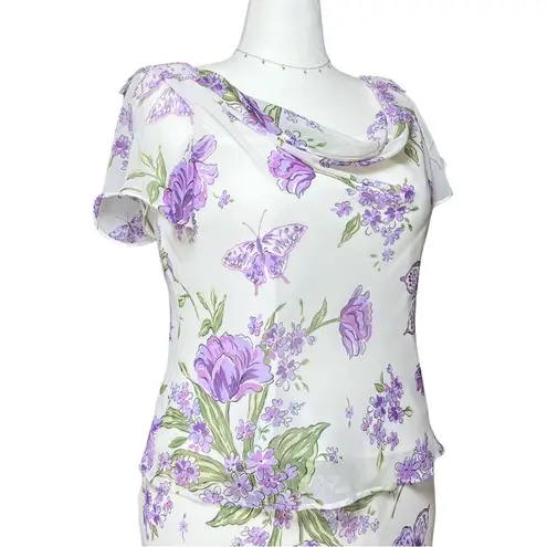 Vintage 90s Y2K White Purple Floral Butterfly Fairycore Top Large Easter Pastel