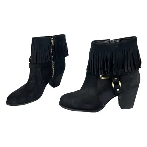 Lauren Ralph Lauren Mara Black Oiled Suede Fringe Heel Booties Sz 8