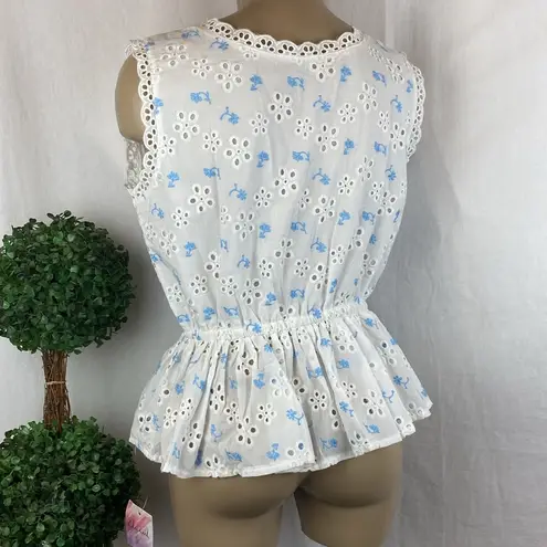 Chic Wish White & Blue Eyelit Embroidered Floral Sleeveless Blouse Top NEW L Size L