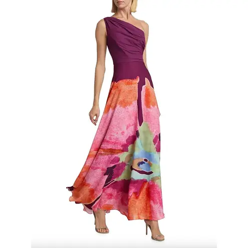 AMUR Atlas Painterly One Shoulder Floral Evening Gown Purple Womens Size 4 Pink