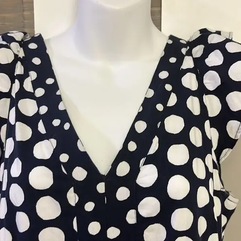 Loft  Navy White Polka Dot V-Neck Ruffled Flowy MIDI Dress- Medium