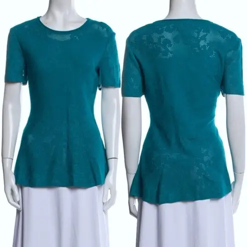 St. John Turquoise Blue Jacquard Knit Pointelle Peplum Top