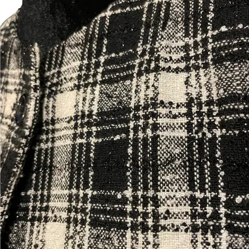 Preston & York Black White Sparkly Wool Tweed Plaid Long Sleeve Button Up Coat