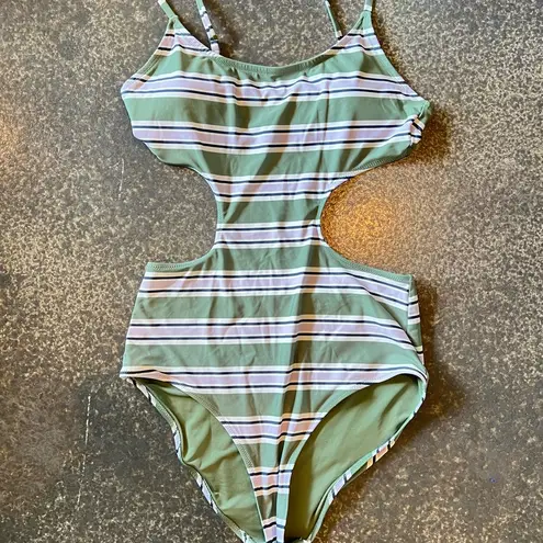 Aerie  Cut Out One Piece Olive Green Purple White Swimsuit Size Medium Long