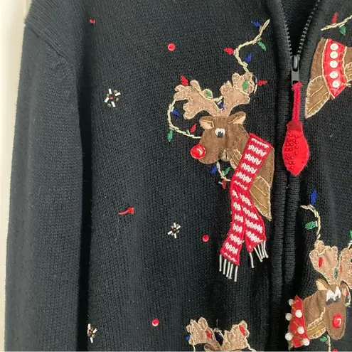 Tiara International Tiara Christmas Holiday Cardigan Sweater XL Full Zip2003 Reindeer Multicolor