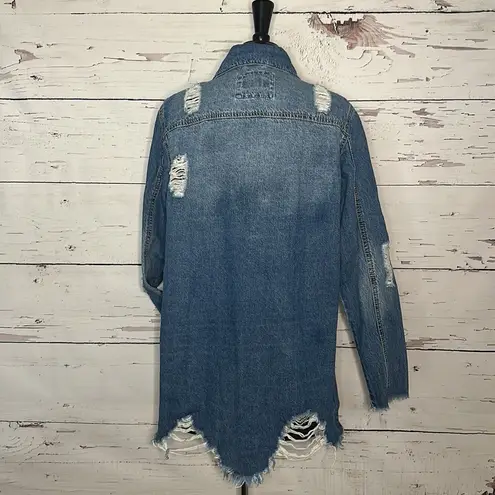 Rue 21  Denim Distressed Ripped Baggy Oversized Button Shirt Jacket