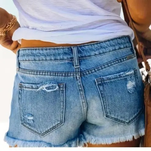 NWT ~ Women's Distressed Frayed Hem Holes Denim Blue Jean Cut Off Shorts ~ LARGE
