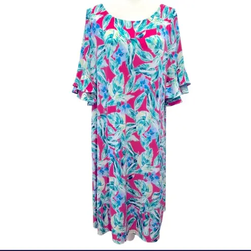 NEW PAPPAGALLO TROPICAL VICTORIA STYLR RUFFLE BELL SLEEVE PINK BLUE GREEN DRESS Size 2X