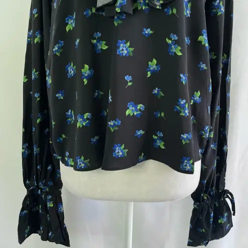 We Wore What New Floral Ruffle V-Neck Long Sleeve Blouse Black Blue Size Medium