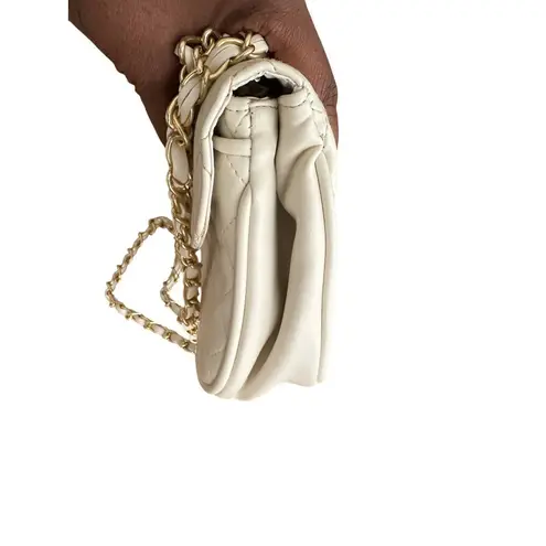 Quilted White Faux Leather Shoulder Bag With Gold Chain Strap & Turn Lock