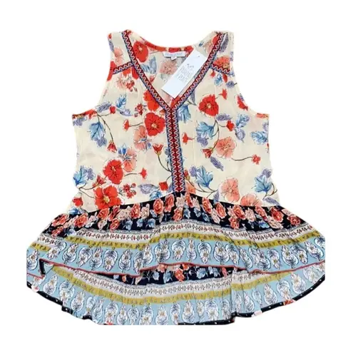 Patrons of Peace Tank Top Womens XS Cream Floral Print Ruffle Hem Sleeveless NWT
