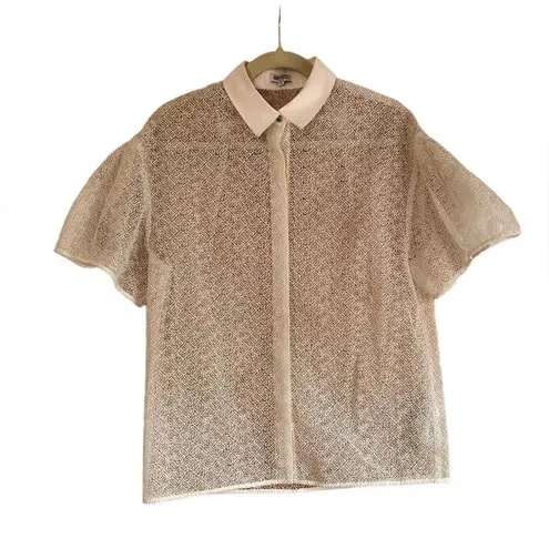 KENZO WHITE SHEER LOGO SHORT SLEEVE BUTTON FRONT BLOUSE Size XS