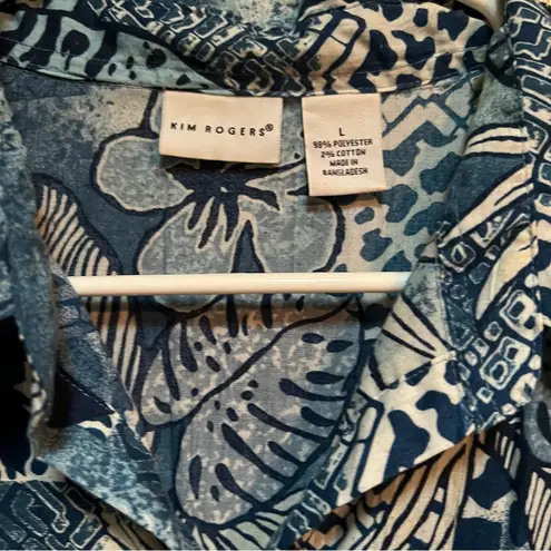 kim rogers Button Down Blouse Blue White Hawaiian Floral 3/4 Sleeve L