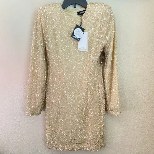 RETROFÊTE‎ Nikki Sequin Long Sleeve Minidress in Sea Shell Size Small NWT Tan