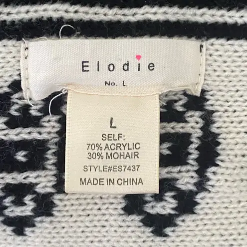 Elodie Intarsia Knit Aztec Waterfall Cardigan Sweater L Mohair Blend Black White