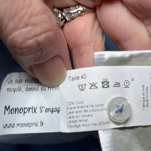 Monoprix Women's 40 US 10 Blue Cotton Blouse Tie Neck Ruffle Collar Poet Top