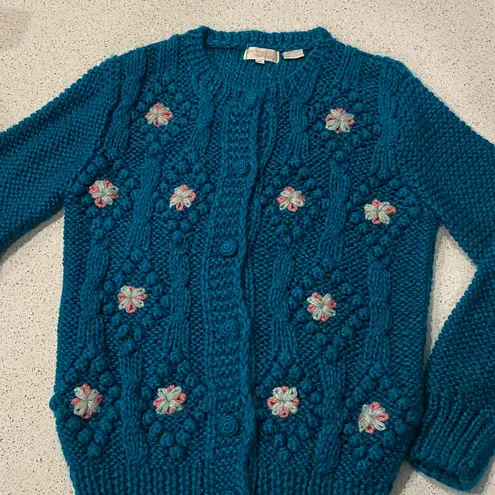 Michael Richards Wo Size Small Vintage Teal Knit Sweater with Floral Embroidery
