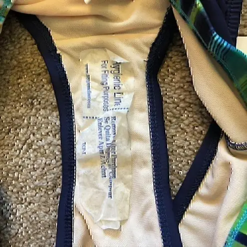 NEW NWT 24TH OCEAN Navy Blue Green Stripe High Waisted Waist Bikini Bottom Large