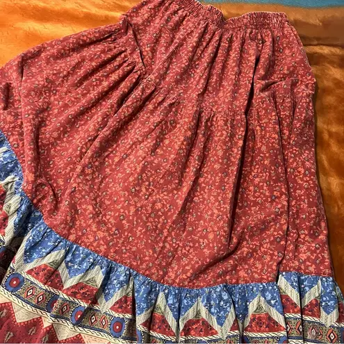 Vintage Roper Western Bohemian Patterned tiered maxi skirt Made USA small red Blue