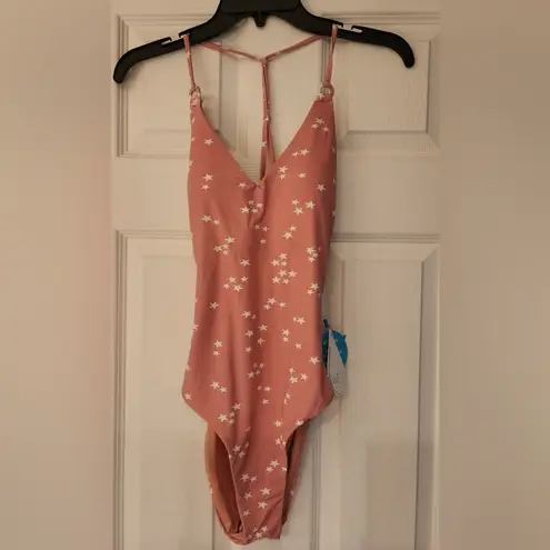 WET Swimwear LA Rose Stars One Piece Back Tie Swimsuit Pink & White Size Small
