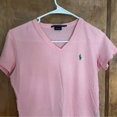 Ralph Lauren  V Neck Short Sleeve Shirt Light Pink with Green Polo Logo.