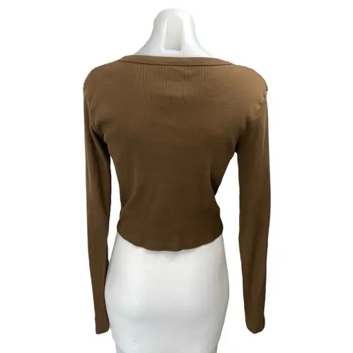 Brandy Melville  Brown Rib Knit Long Sleeve Button Crop Cardigan Sweater Top Sz S