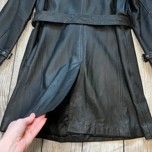 VTG 90s Terry Lewis Classic Luxuries Black Leather Belted Trench Coat Womens M Size M